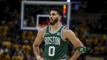 May 27, 2024; Indianapolis, Indiana, USA; Former Duke basketball forward Jayson Tatum (0) during the fourth quarter during game four of the eastern conference finals