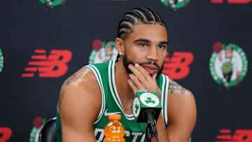 Sep 29, 2025; Boston, MA, USA;Boston Celtics forward Jayson Tatum (0) talks with reporters during media day at the Auerbach Center. Mandatory Credit: David Butler II-Imagn Images