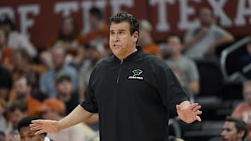 Nov 12, 2024; Austin, Texas, USA; Chicago State Cougars head coach Scott Spinelli signals to players during the first half against the Texas Longhorns at Moody Center. Mandatory Credit: Scott Wachter-Imagn Images