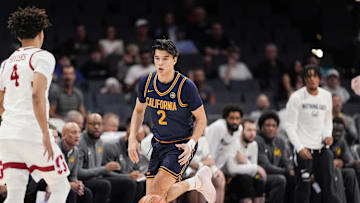 Mar 12, 2025; Charlotte, NC, USA; California Golden Bears guard Andrej Stojakovic (2) brings the ball up court against the Stanford Cardinal during the first half at Spectrum Center. Mandatory Credit: Jim Dedmon-Imagn Images