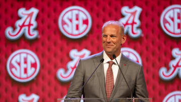 Jul 17, 2024; Dallas, TX, USA; Alabama head coach Kalen DeBoer speaking at Omni Dallas Hotel. Mandatory Credit: Brett Patzke-USA TODAY Sports