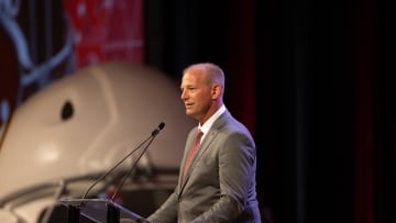 Jul 17, 2024; Dallas, TX, USA; Alabama head coach Kalen DeBoer speaking at Omni Dallas Hotel. Mandatory Credit: Brett Patzke-USA TODAY Sports