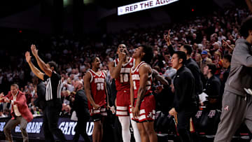 Jan 11, 2025; College Station, Texas, USA; Alabama Crimson Tide players on the bench react after a made basket against the Texas A&M Aggies during the second half at Reed Arena. Mandatory Credit: Erik Williams-Imagn Images
