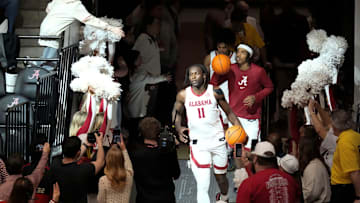 Feb 1, 2025; Tuscaloosa, AL, USA; Alabama center Clifford Omoruyi (11) comes out of the locker room for the Georgia game at Coleman Coliseum. Mandatory Credit: Gary Cosby Jr.-Tuscaloosa News