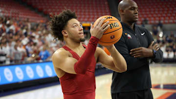 Mar 8, 2025; Auburn, Alabama, USA; Alabama Crimson Tide guard Mark Sears (1) warms up before the game against the Auburn Tigers at Neville Arena. Mandatory Credit: John Reed-Imagn Images