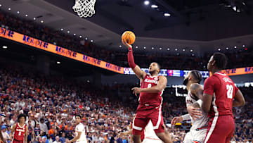 Mar 8, 2025; Auburn, Alabama, USA;  Alabama Crimson Tide guard Chris Youngblood (8) takes a shot against the Auburn Tigers during the first half at Neville Arena. Mandatory Credit: John Reed-Imagn Images