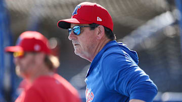 Feb 25, 2024; Clearwater, Florida, USA;  Philadelphia Phillies manager Rob Thomson (59) directs batting practice before a game against the New York Yankees at BayCare Ballpark. Mandatory Credit: Nathan Ray Seebeck-Imagn Images