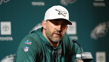 Jun 10, 2025; Philadelphia, PA, USA; Philadelphia Eagles head coach Nick Sirianni addresses media during a press conference at NovaCare Complex. Mandatory Credit: Kyle Ross-Imagn Images