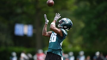 Jun 10, 2025; Philadelphia, PA, USA; Philadelphia Eagles wide receiver Terrace Marshall (46) makes a reception during a practice drill at NovaCare Complex. Mandatory Credit: Kyle Ross-Imagn Images