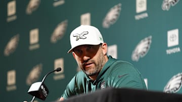 Jun 10, 2025; Philadelphia, PA, USA; Philadelphia Eagles head coach Nick Sirianni addresses media during a press conference at NovaCare Complex. Mandatory Credit: Kyle Ross-Imagn Images