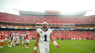 Sep 14, 2025; Kansas City, Missouri, USA; Philadelphia Eagles quarterback Jalen Hurts (1) looks on after the game against the Kansas City Chiefs at GEHA Field at Arrowhead Stadium. Mandatory Credit: Jay Biggerstaff-Imagn Images