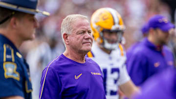 Sep 14, 2024; Columbia, South Carolina, USA; LSU Tigers head coach Brian Kelly walks off the field after warms against the South Carolina Gamecocks at Williams-Brice Stadium. Mandatory Credit: Scott Kinser-Imagn Images