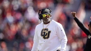 Oct 19, 2024; Tucson, Arizona, USA; Colorado Buffalos head coach Deion Sanders against the Arizona Wildcats at Arizona Stadium. Mandatory Credit: Mark J. Rebilas-Imagn Images