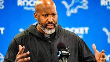 Detroit Lions Executive Vice President & General Manager Brad Holmes speaks to the press about their season, how it ended and what’s next at the Detroit Lions headquarters and training facility in Allen Park, Mich., Thursday, Jan. 23, 2025.