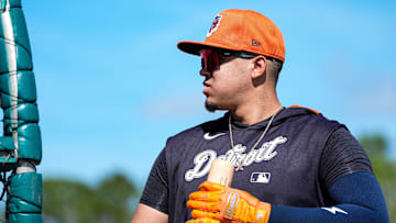 Detroit Tigers catcher Thayron Liranzo walks out of batting cage after practice during spring training at TigerTown in Lakeland, Fla. on Saturday, Feb. 15, 2025.