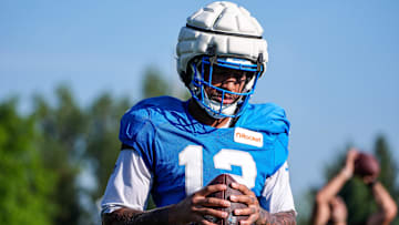Detroit Lions wide receiver Tim Patrick (12) practices during training camp at Meijer Performance Center in Allen Park on Monday, July 28, 2025.