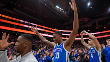Dec 7, 2024; Seattle, Washington, USA;  Kentucky Wildcats forward Brandon Garrison (10) and guard Koby Brea (4) celebrate after a game against the Gonzaga Bulldogs at Climate Pledge Arena. Mandatory Credit: Stephen Brashear-Imagn Images