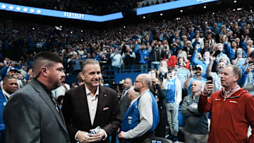 Former UK coach and current Arkansas coach John Calipari takes the court before the Kentucky Wildcats' game against the Razorbacks Saturday Feb. 1, 2025 at Rupp Arena in Lexington, Kentucky.