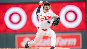 Jul 21, 2024; Minneapolis, Minnesota, USA; Minnesota Twins pitcher Joe Ryan (41) pitches in the firth inning against the Milwaukee Brewers at Target Field. 