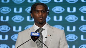 Jul 24, 2024; Charlotte, NC, USA;  Miami Hurricanes quarterback Cam Ward speaks to the media during the ACC Kickoff at Hilton Charlotte Uptown. Mandatory Credit: Jim Dedmon-USA TODAY Sports