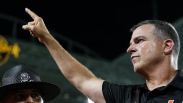 Oct 21, 2023; Miami Gardens, Florida, USA; Miami Hurricanes head coach Mario Cristobal celebrates after defeating the Clemson Tigers at Hard Rock Stadium. Mandatory Credit: Rich Storry-USA TODAY Sports