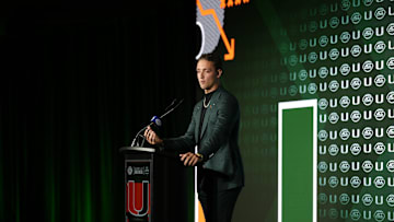 Jul 22, 2025; Charlotte, NC, USA; Miami quarterback Carson Beck answers questions from the media during ACC Media Days at Hilton Charlotte Uptown. Mandatory Credit: Jim Dedmon-Imagn Images
