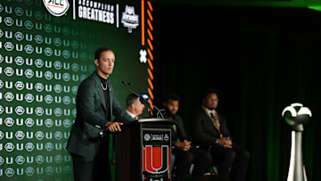 Jul 22, 2025; Charlotte, NC, USA; Miami quarterback Carson Beck answers questions from the media during ACC Media Days at Hilton Charlotte Uptown. Mandatory Credit: Jim Dedmon-Imagn Images