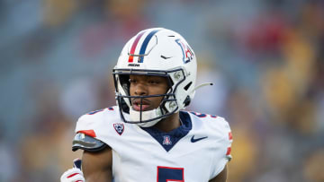 Nov 25, 2023; Tempe, Arizona, USA; Arizona Wildcats wide receiver Montana Lemonious-Craig (5) against the Arizona State Sun Devils during the Territorial Cup at Mountain America Stadium. Mandatory Credit: Mark J. Rebilas-USA TODAY Sports