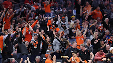 Mar 16, 2023; Sacramento, CA, USA; Princeton Tigers fans cheer against the Arizona Wildcats during the first half at Golden 1 Center. Mandatory Credit: Kelley L Cox-Imagn Images