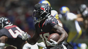 Aug 24, 2024; Houston, Texas, USA; Houston Texans running back J.J. Taylor (38) in action during the game against the Los Angeles Rams at NRG Stadium. Mandatory Credit: Troy Taormina-Imagn Images