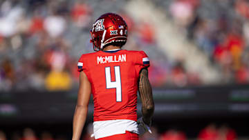 Nov 30, 2024; Tucson, Arizona, USA; Detailed view of the jersey of Arizona Wildcats wide receiver Tetairoa McMillan (4) against the Arizona State Sun Devils during the Territorial Cup at Arizona Stadium. Mandatory Credit: Mark J. Rebilas-Imagn Images