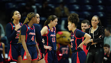 Mar 23, 2024; Storrs, Connecticut, USA; Arizona Wildcats head coach Adia Barnes with her team during a break in the action as they take on the Syracuse Orange at Harry A. Gampel Pavilion. Mandatory Credit: David Butler II-Imagn Images