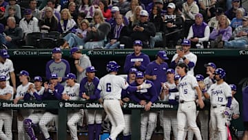 Feb 22, 2025; Arlington, TX, USA; The Arkansas Razorbacks play the TCU Horned Frogs during the Amegy Bank College Baseball Series presented by Kubota Weekend 2 at Globe Life Field. Mandatory Credit: Raymond Carlin III-Imagn Images