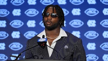 Jul 25, 2024; Charlotte, NC, USA;  UNC Tar Heels defensive end Kaimon Rucker speaks to the media during the ACC Kickoff at Hilton Charlotte Uptown. Mandatory Credit: Jim Dedmon-Imagn Images