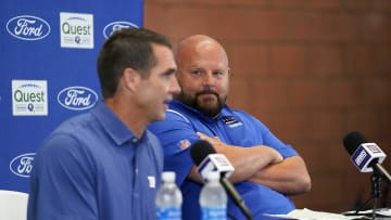 Jul 26, 2023; East Rutherford, NJ, USA;  New York Giants head coach Brian Daboll, right, and general manager Joe Schoen speak at a press conference before the first day of training camp at Quest Diagnostics Training Facility. Mandatory Credit: Danielle Parhizkaran-USA TODAY Sports