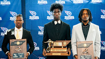 CLASS 3A: Skylan Smith, Covington, Sr. - Here finalist Smith, left, pose with winner Radarious Jackson, and finalist Brandon Winton Jr. during the Mr. Football Awards at Nissan Stadium in Nashville on Dec. 5, 2023.