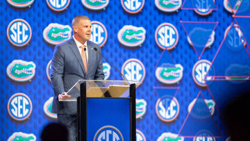 Jul 17, 2024; Dallas, TX, USA; Florida head coach Billy Napier speaking at Omni Dallas Hotel. Mandatory Credit: Brett Patzke-USA TODAY Sports