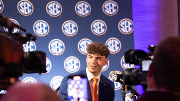 Jul 17, 2024; Dallas, TX, USA; Florida quarterback Graham Mertz speaking to the media at Omni Dallas Hotel. Mandatory Credit: Brett Patzke-USA TODAY Sports