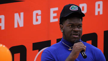 Orange Park offensive lineman Roderick Kearney speaks during a ceremony for signing his letter of intent to play college football at the University of Florida on December 21, 2022. [Clayton Freeman/Florida Times-Union]
