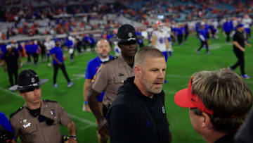 Florida Gators head coach Billy Napier and Georgia Bulldogs head coach Kirby Smart shake hands after the game of an NCAA college football matchup Saturday, Nov. 2, 2024 at EverBank Stadium in Jacksonville, Fla. The Georgia Bulldogs defeated the Florida Gators 34-20. [Corey Perrine/Florida Times-Union]