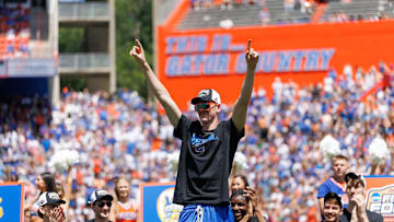 Apr 12, 2025; Gainesville, FL, USA; Florida Gators forward Alex Condon (21) gestures during the National Championship celebration at Ben Hill Griffin Stadium. Mandatory Credit: Matt Pendleton-Imagn Images
