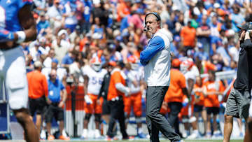 Apr 12, 2025; Gainesville, FL, USA; Florida Gators head coach Billy Napier looks on during the first half at Ben Hill Griffin Stadium. Mandatory Credit: Matt Pendleton-Imagn Images