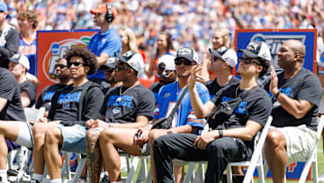 Apr 12, 2025; Gainesville, FL, USA; Florida Gators guard Will Richard (5) and Florida Gators guard Walter Clayton Jr. (1) gesture during the National Championship celebration at Ben Hill Griffin Stadium. Mandatory Credit: Matt Pendleton-Imagn Images