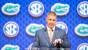 Jul 17, 2024; Dallas, TX, USA; Florida head coach Billy Napier speaking at Omni Dallas Hotel. Mandatory Credit: Brett Patzke-Imagn Images