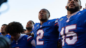 Nov 23, 2024; Gainesville, Florida, USA; Florida Gators quarterback DJ Lagway (2) celebrates with teammates after a game against the Mississippi Rebels at Ben Hill Griffin Stadium. Mandatory Credit: Matt Pendleton-Imagn Images