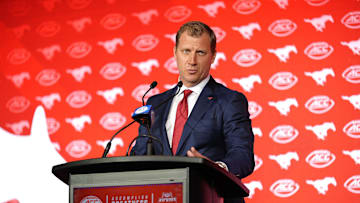 Jul 22, 2025; Charlotte, NC, USA; Southern Methodist head coach Rhett Lashlee answers questions from the media during ACC Media Days at Hilton Charlotte Uptown. Mandatory Credit: Jim Dedmon-Imagn Images