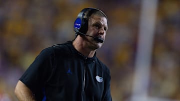 Sep 13, 2025; Baton Rouge, Louisiana, USA;  Florida Gators head coach Billy Napier looks on against the LSU Tigers during the second half at Tiger Stadium. Mandatory Credit: Stephen Lew-Imagn Images