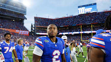 Oct 4, 2025; Gainesville, Florida, USA; Florida Gators quarterback DJ Lagway (2) looks on after a game against the Texas Longhorns at Ben Hill Griffin Stadium. Mandatory Credit: Matt Pendleton-Imagn Images