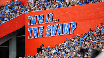 Oct 4, 2025; Gainesville, Florida, USA; One of the corners of the stadium that reads This Is The Swamp between the Florida Gators and Texas Longhorns during the second half at Ben Hill Griffin Stadium. Mandatory Credit: Matt Pendleton-Imagn Images
