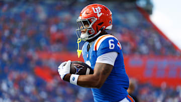 Oct 18, 2025; Gainesville, Florida, USA; Florida Gators wide receiver Dallas Wilson (6) runs with the ball before a game against the Mississippi State Bulldogs at Ben Hill Griffin Stadium. Mandatory Credit: Matt Pendleton-Imagn Images